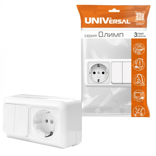 Блок розетка с/з + выкл. 2кл ОП, 250В, IP20, гориз. белый